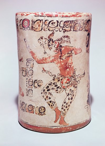 Jar depicting a man dancing wearing jaguar paraphernalia, found in a tomb at Altar de Sacrificios, Classic Maya by Mayan